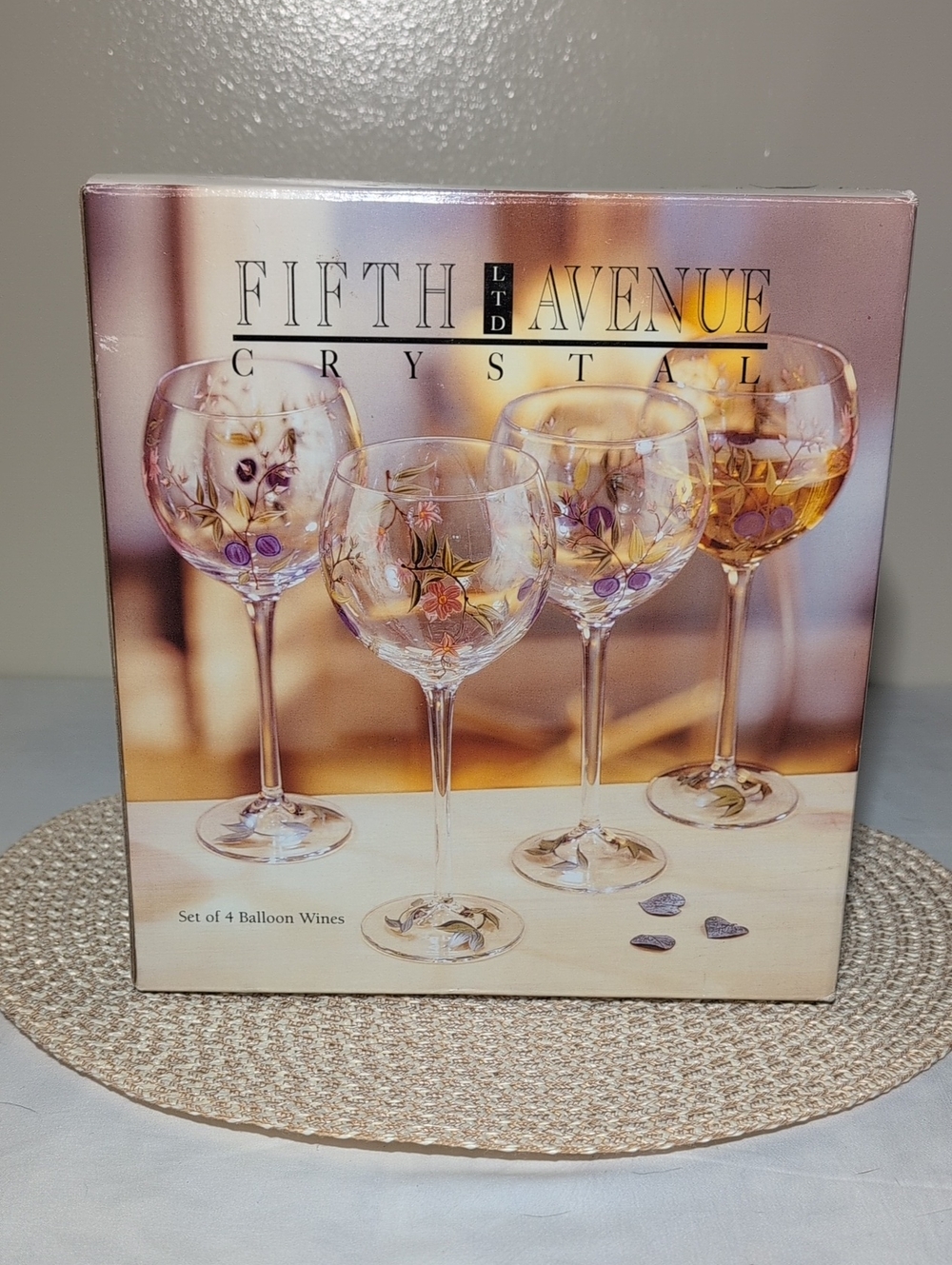 NIB - Fifth Avenue Crystal Hand Painted Floral Balloon Wine Glasses Set of 4